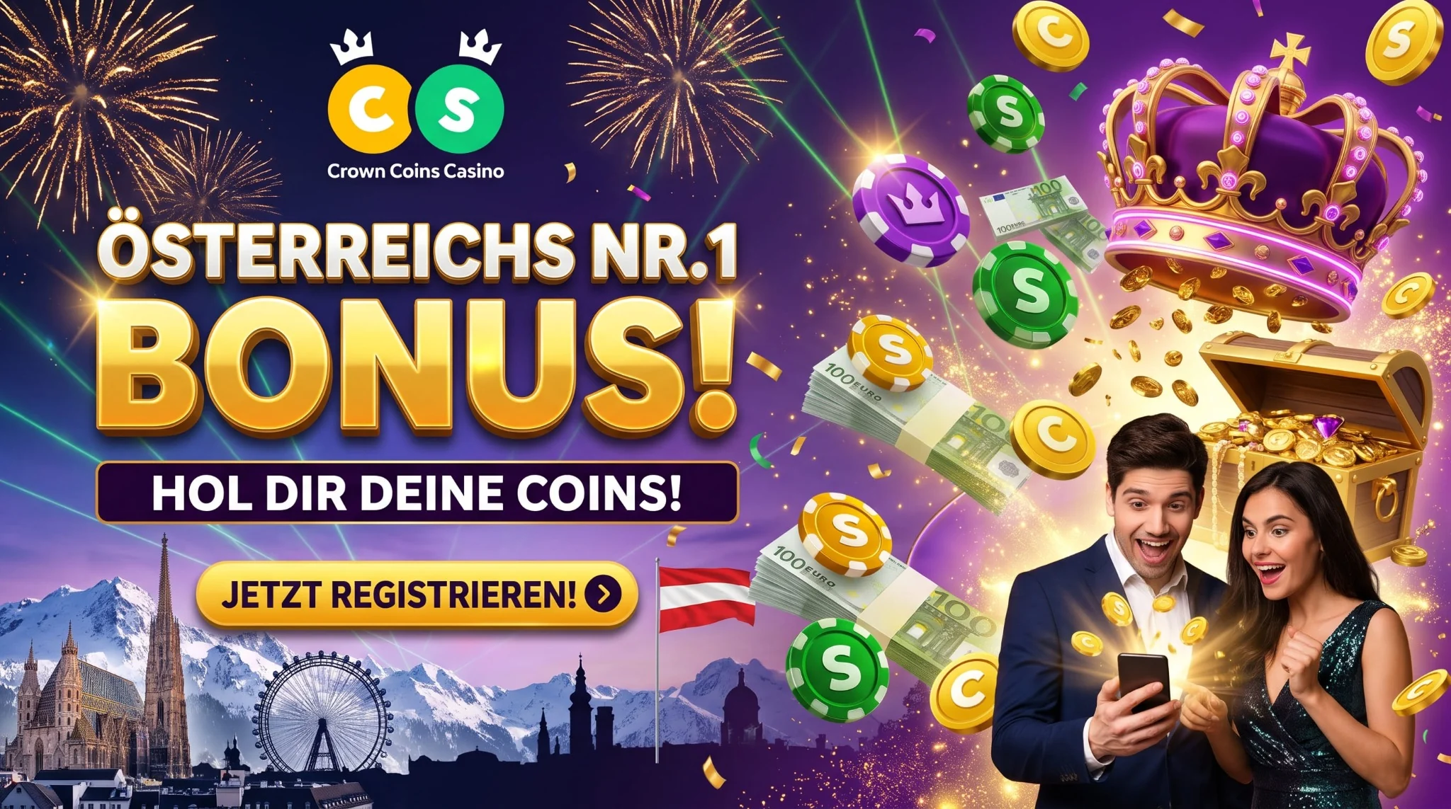 Österreichisches CrownCoins-Bonusmotiv mit Krone, Coins und zwei Personen