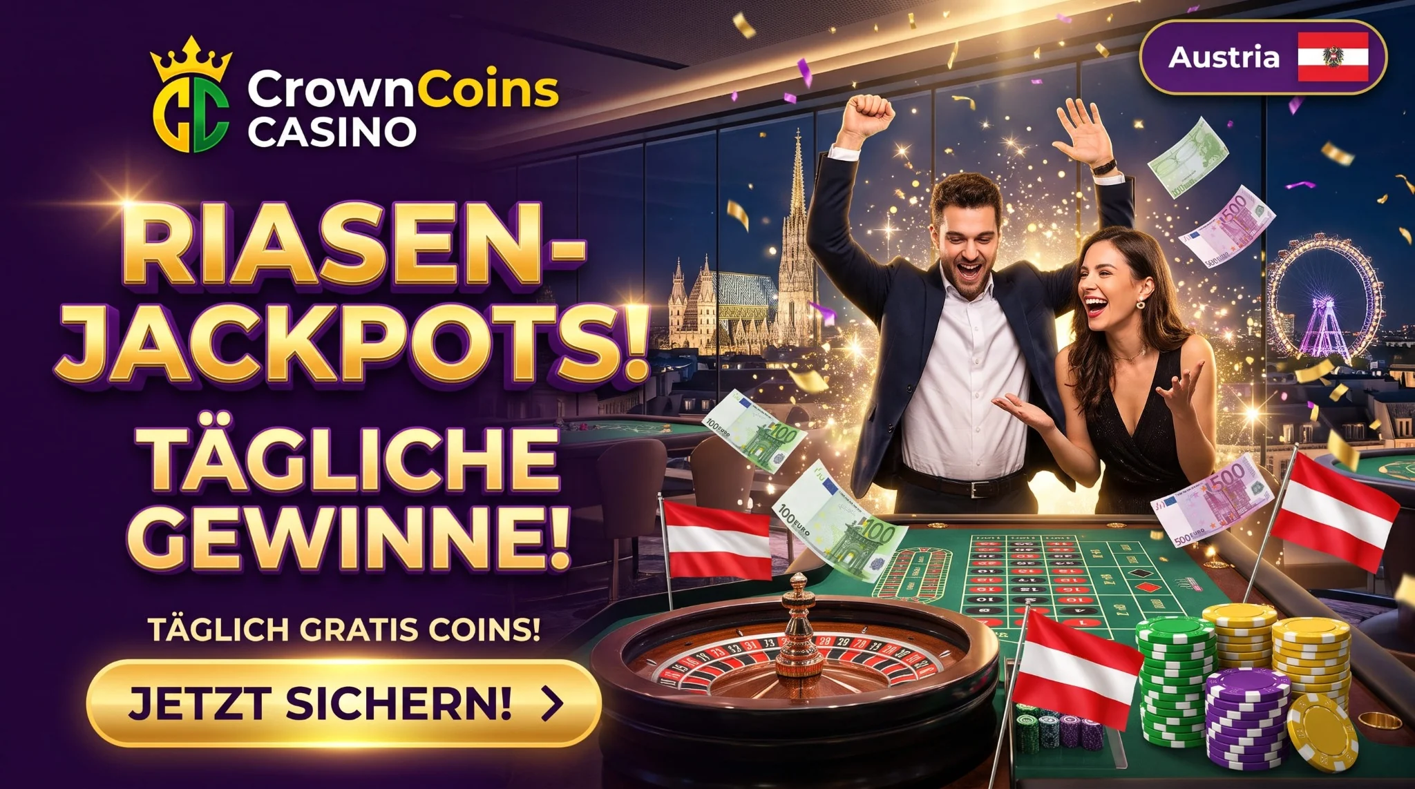 Roulette- und Gewinnmotiv von CrownCoins mit österreichischen Wahrzeichen